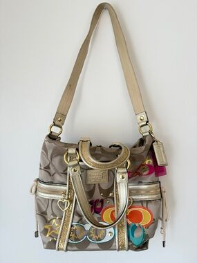 Coach Poppy Gold Signature Tote with Colorful Graphic Accents